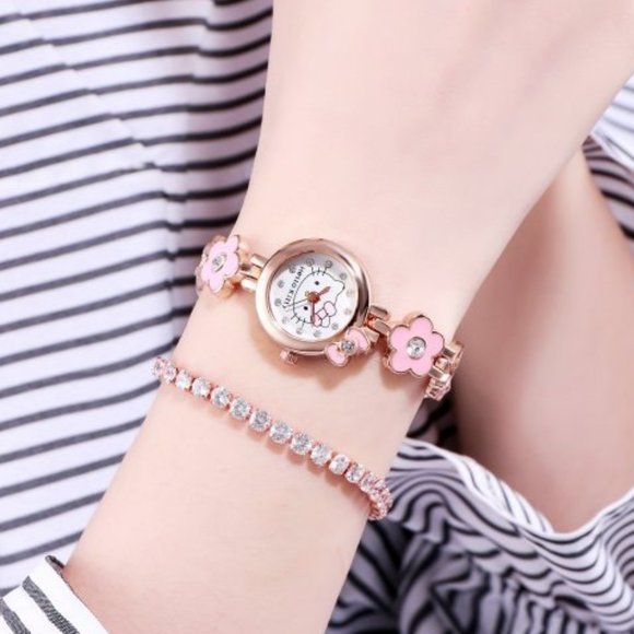 Hello Kitty Watch Quartz Pink Flower Chain Band - Picture 3 of 7